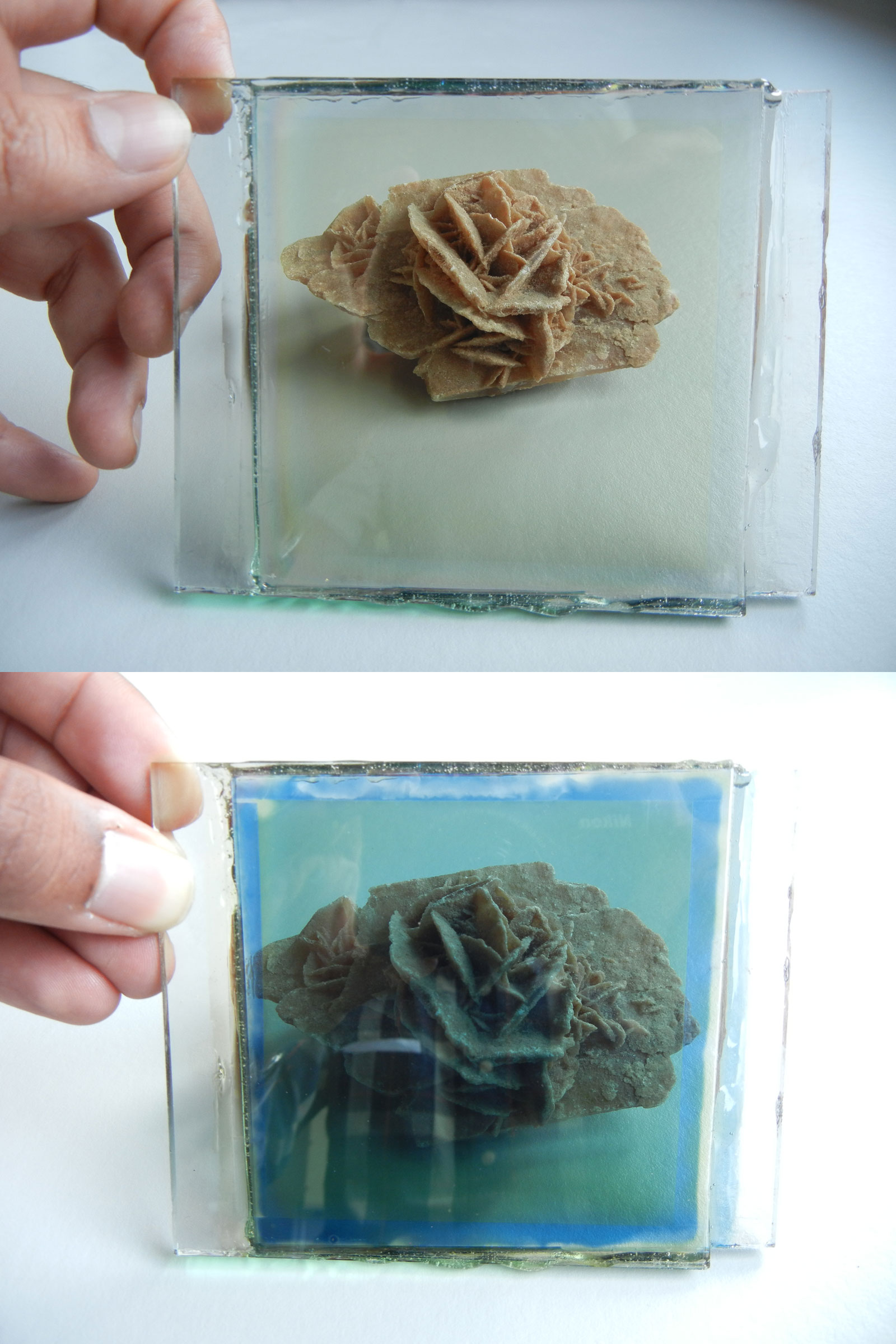 Photo-electrochromic system with sputtered layers made of tungsten oxide and titanium oxide in bleached state (top) and colored state (bottom).